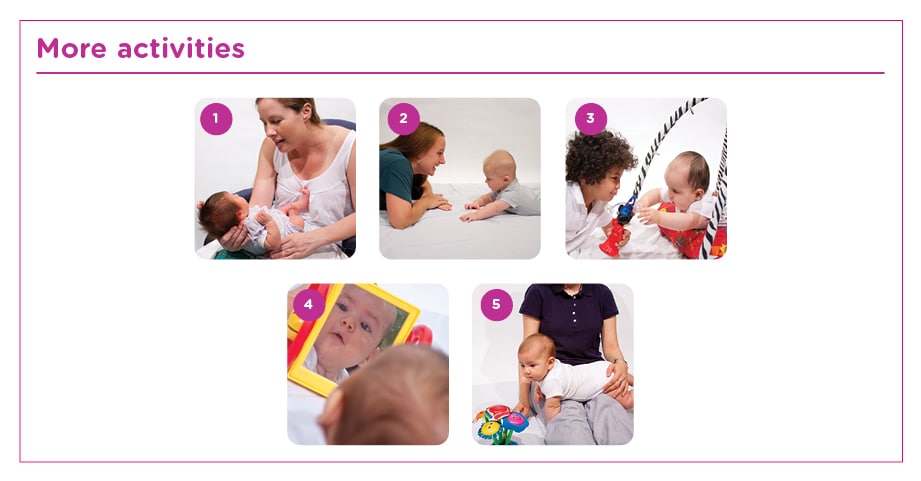 Diagram showing activities for your baby that help prevent a flat head.