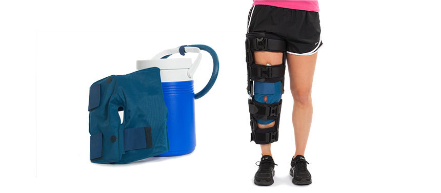 This device contains an ice pack that circulates cold water to reduce swelling after surgery and can be worn under an immobilizer.