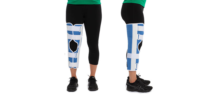 The knee immobilizer keeps the knee straight and fully extended, to prevent motion of the joint.