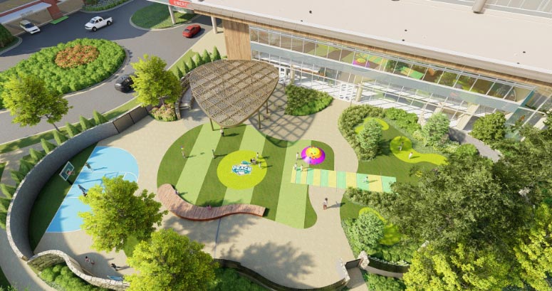 rendering of the activity garden at the future Arthur M. Blank Hospital